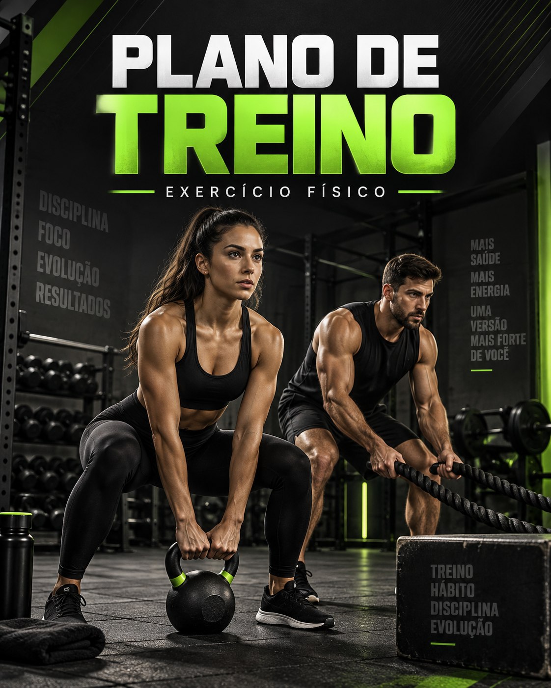 Arte promocional do Plano de Treino Exercício Físico em ambiente de academia